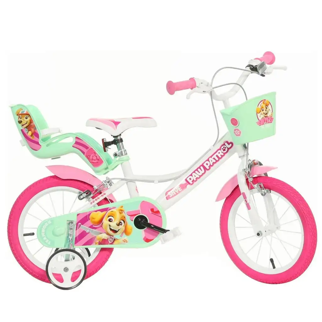 imagen de Paw Patrol Skye bicicleta infantil de 14” con cesta y asiento para muñeca en color rosa y verde menta – bicicleta Dino Bikes 1