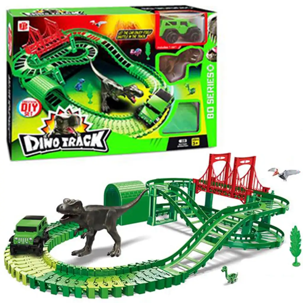 imagen de Pista de aventura de dinosaurios con coche todoterreno y accesorios 1