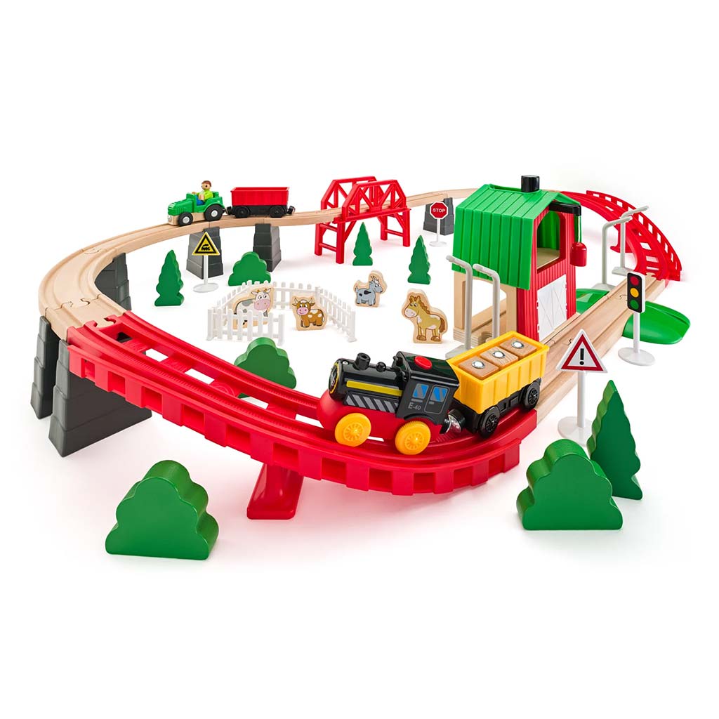 imagen de Pista de tren agrícola de madera con tren y otros accesorios de 60 piezas - Woodyland 1