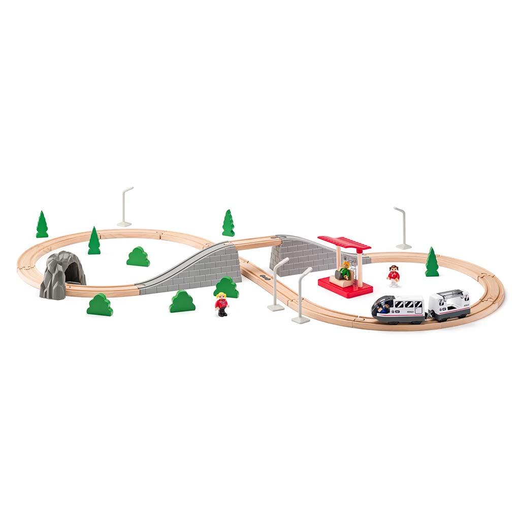imagen de Pista de tren de madera ensamblable con tren de pasajeros y otros accesorios de 45 piezas - Woodyland 2