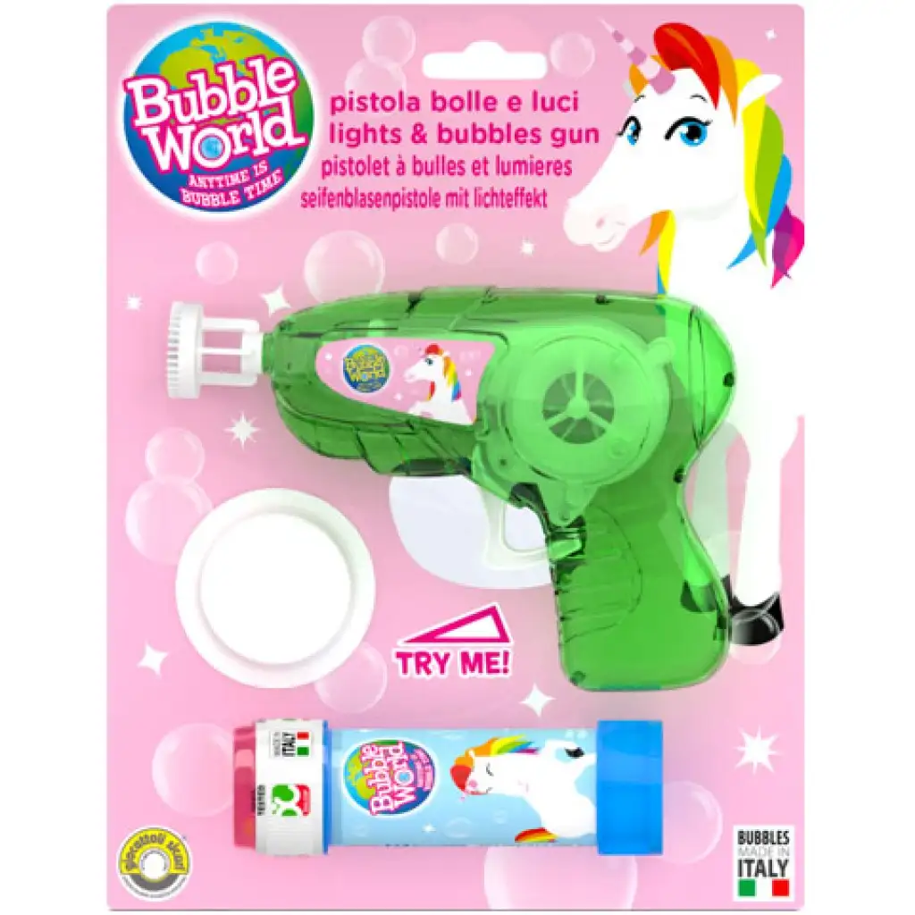 imagen de Pistola de burbujas unicornio iluminada set de 60ml de líquido 1