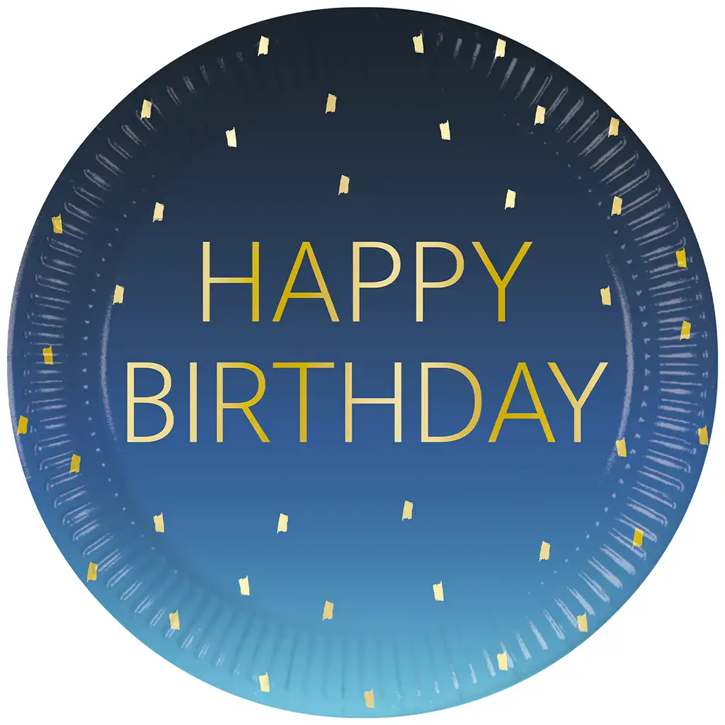imagen de Plato de papel azul con la inscripción "Happy Birthday" set de 8 unidades 23cm 1