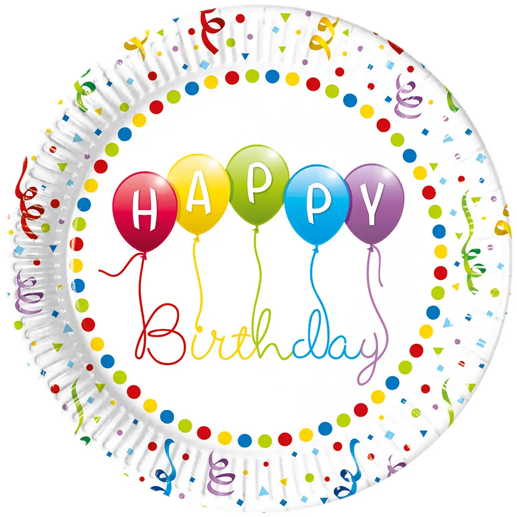 imagen de Plato de papel colorido con la inscripción "Happy Birthday" de 8 piezas 1