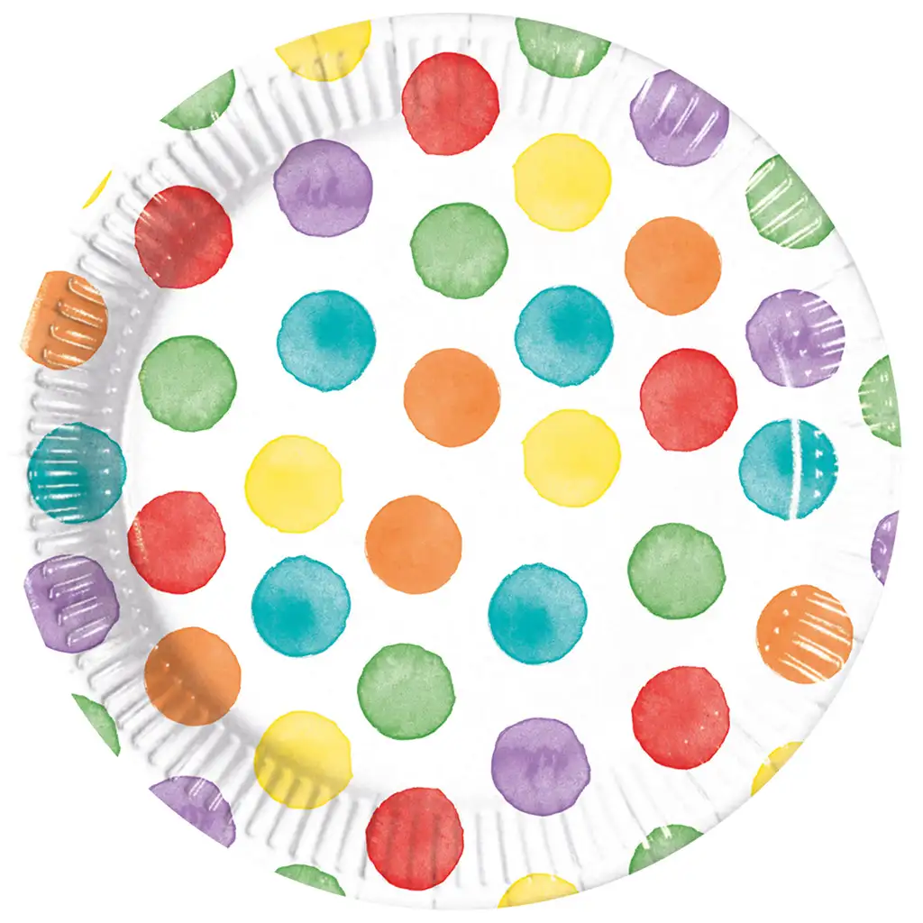imagen de Plato de papel con puntos de colores sobre fondo blanco, set de 8 unidades 1