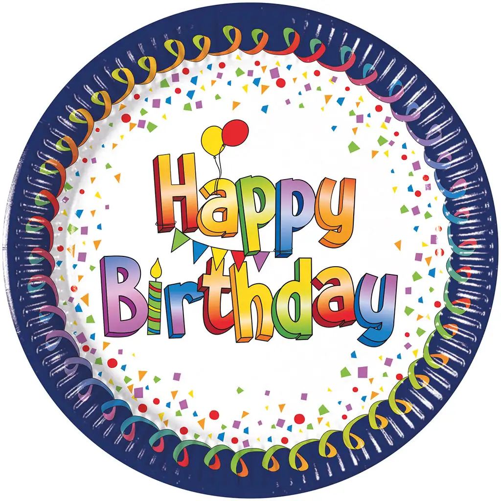 imagen de Plato de papel "Happy Birthday" colorido de 20 cm, set de 8 unidades 1