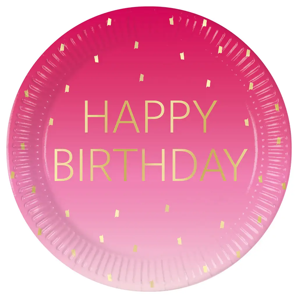 imagen de Plato de papel rosa con la inscripción "Happy Birthday" de 8 unidades 23cm 1