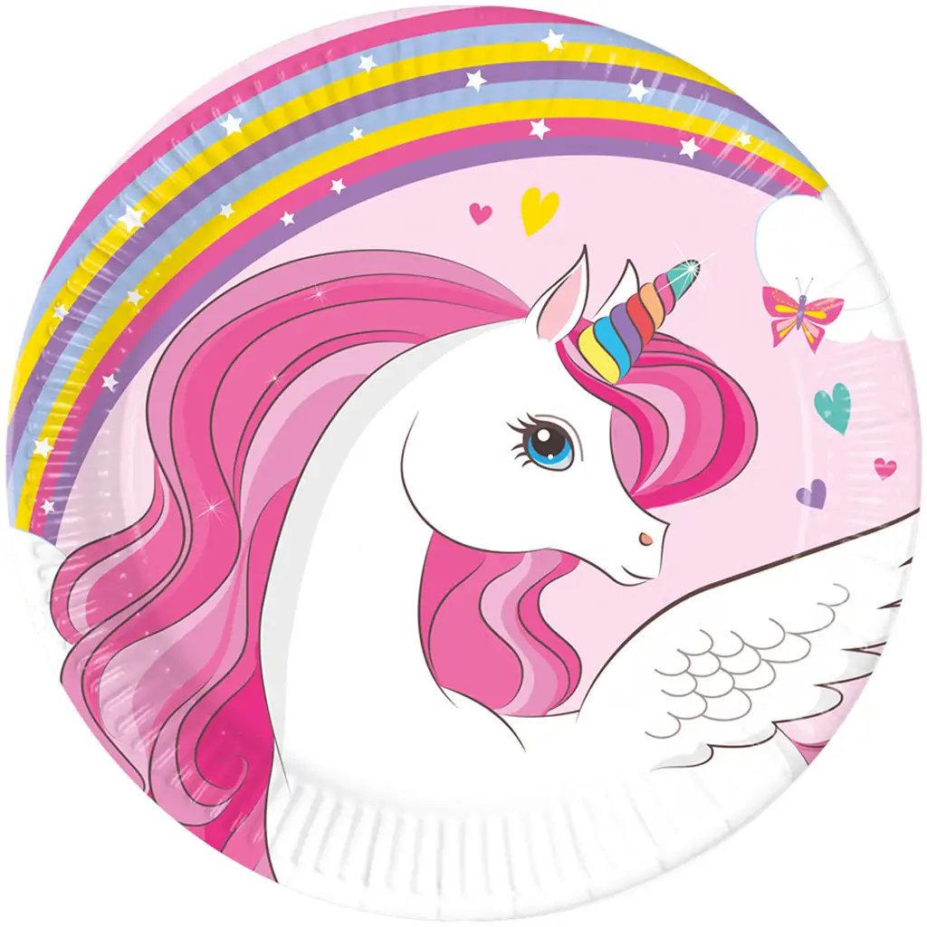 imagen de Plato de papel unicornio arcoíris de 8 piezas de 20 cm 1