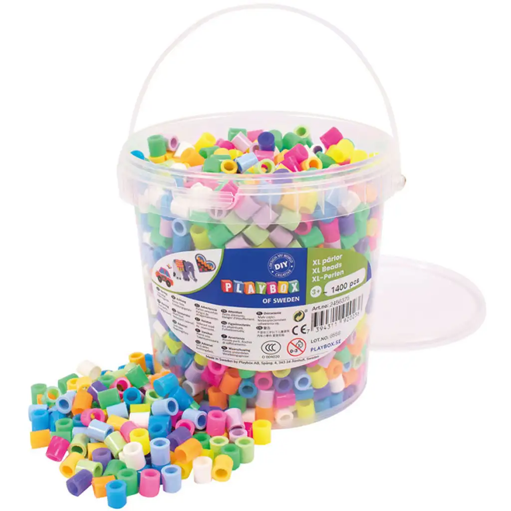 imagen de PlayBox: paquete de 1400 cuentas planchables XL MAXI en colores pastel y neón de 9 mm en un cubo 1