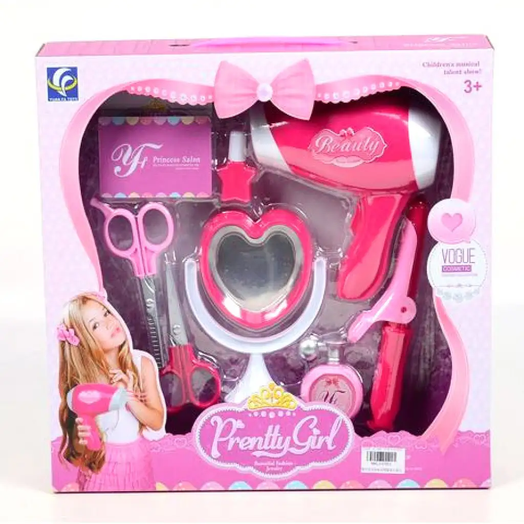 imagen de Pretty Girl conjunto de peluquería rosa con tijeras y secador de pelo 1