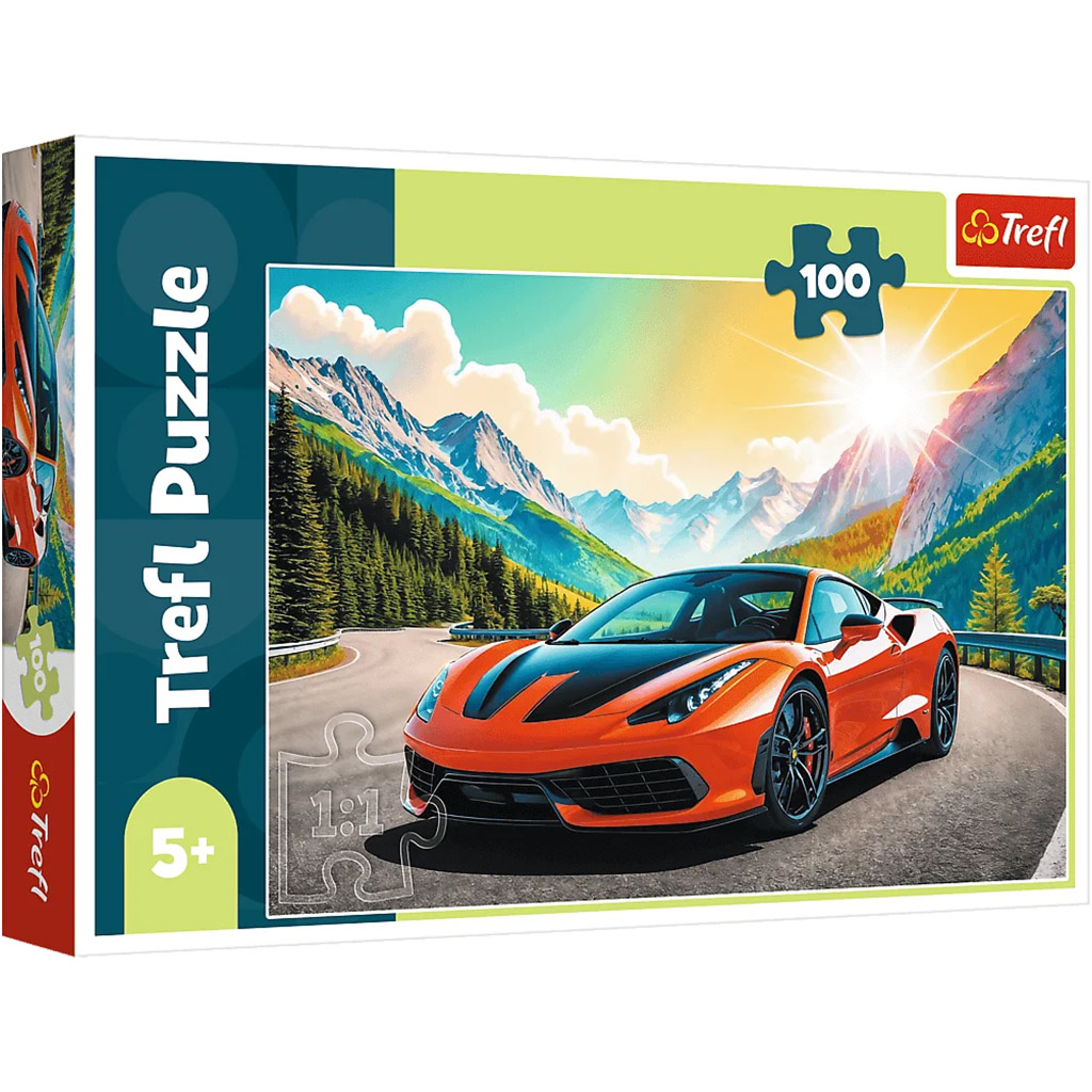 imagen de Puzzle de 100 piezas de coche deportivo en las montañas - Trefl 1
