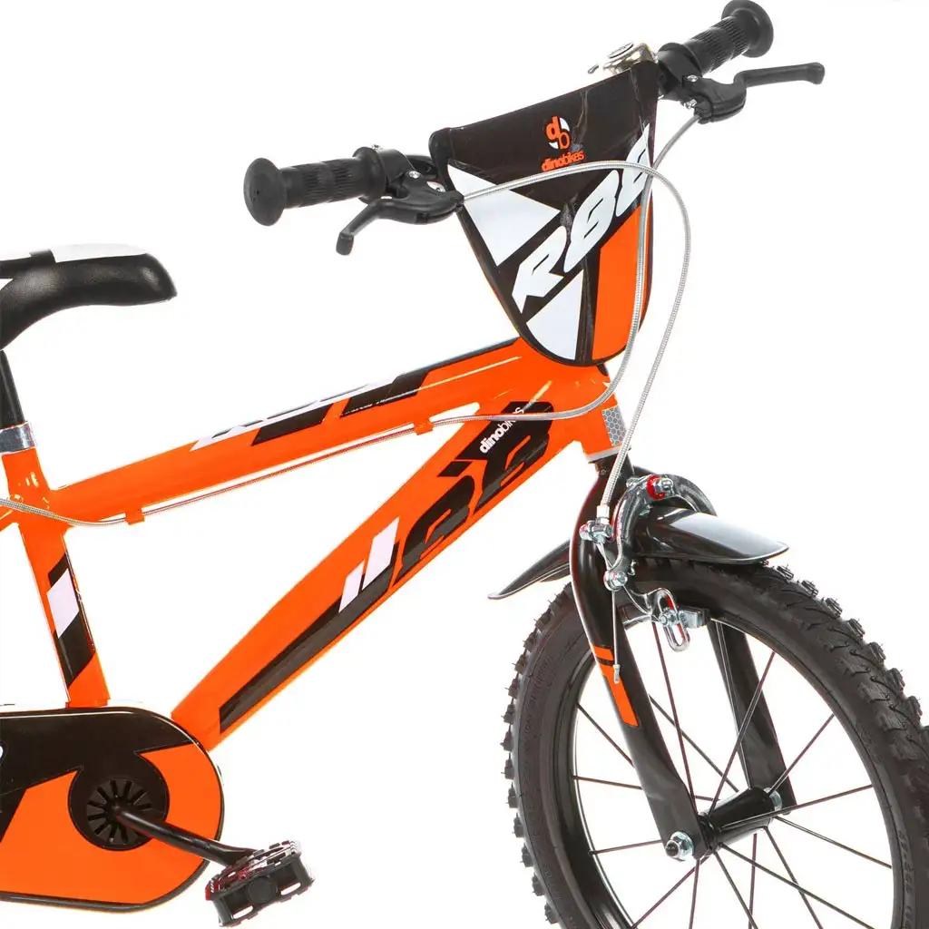 imagen de R88 14” bicicleta infantil con portabotellas y ruedas laterales en color naranja-negro – Dino Bikes bicicleta 3