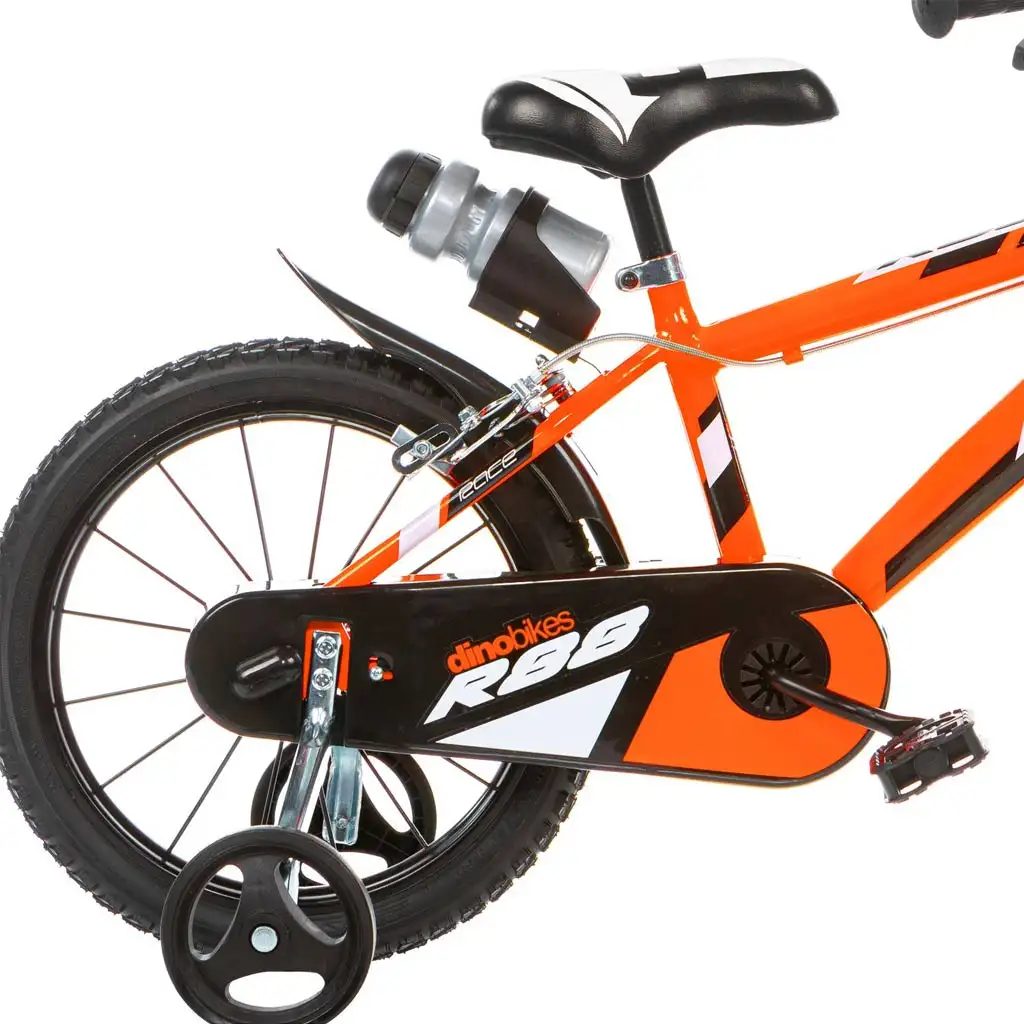 imagen de R88 16” bicicleta infantil con portabotellas y ruedas laterales en color naranja-negro – Dino Bikes bicicleta 2