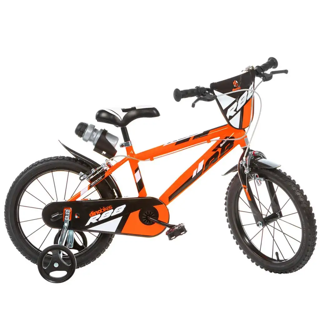 imagen de R88 16” bicicleta infantil con portabotellas y ruedas laterales en color naranja-negro – Dino Bikes bicicleta 1
