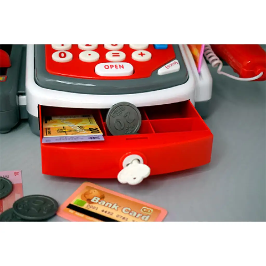 imagen de Registradora eléctrica funcional roja con cinta transportadora, productos y sonido 4