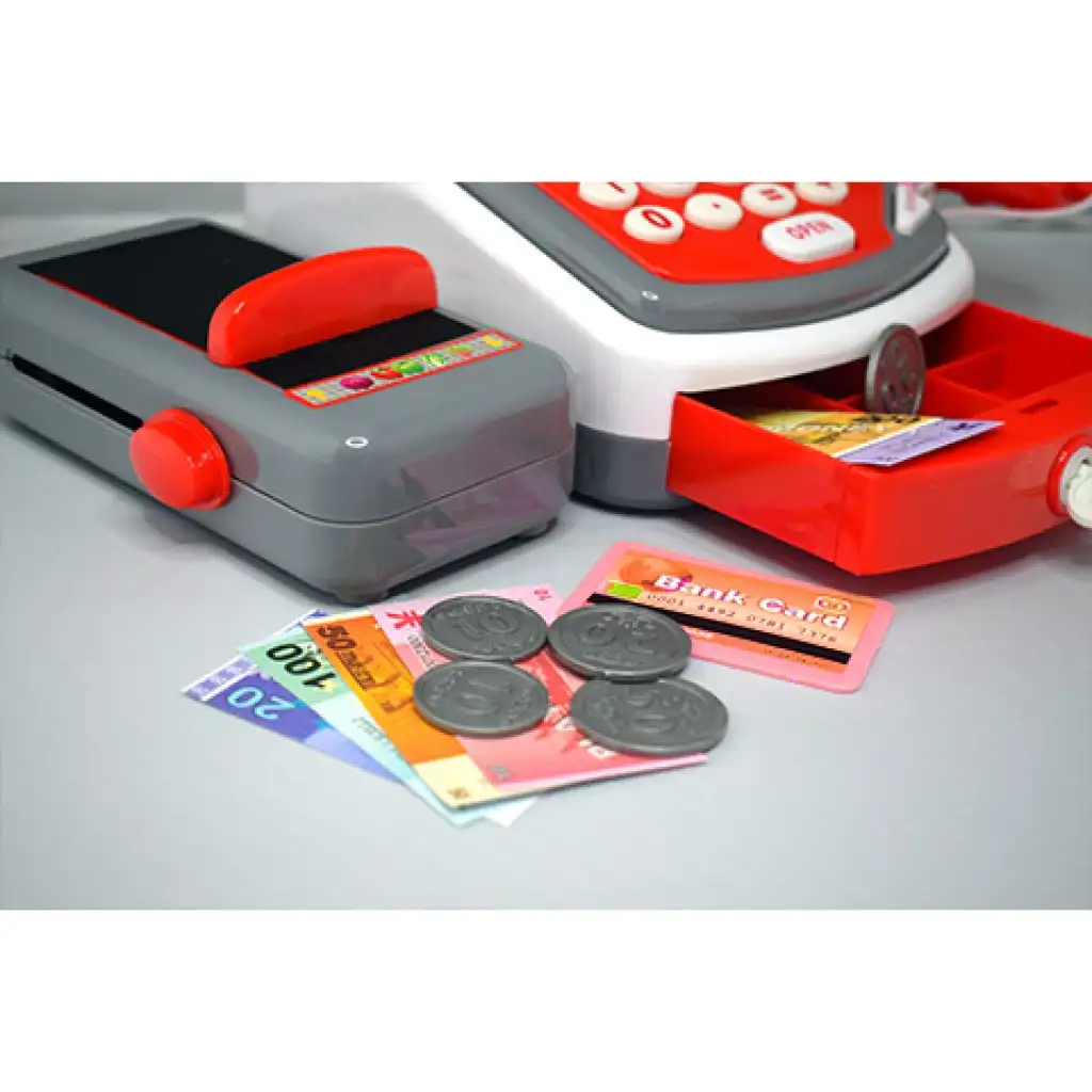 imagen de Registradora eléctrica funcional roja con cinta transportadora, productos y sonido 5