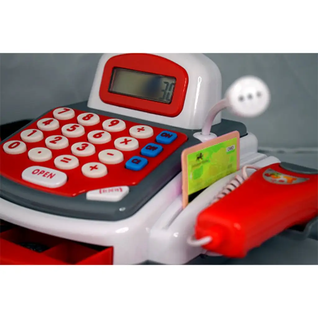 imagen de Registradora eléctrica funcional roja con cinta transportadora, productos y sonido 7
