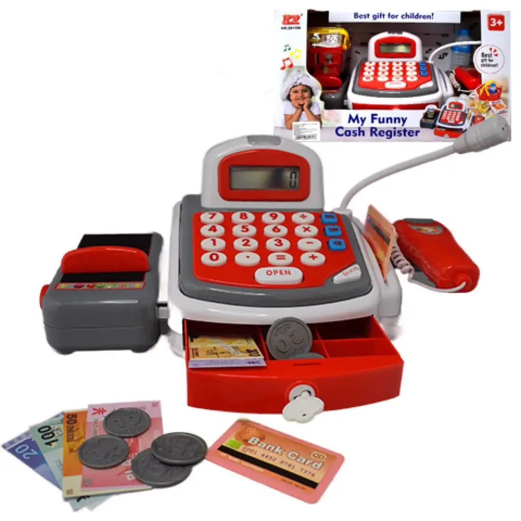 imagen de Registradora eléctrica funcional roja con cinta transportadora, productos y sonido 1