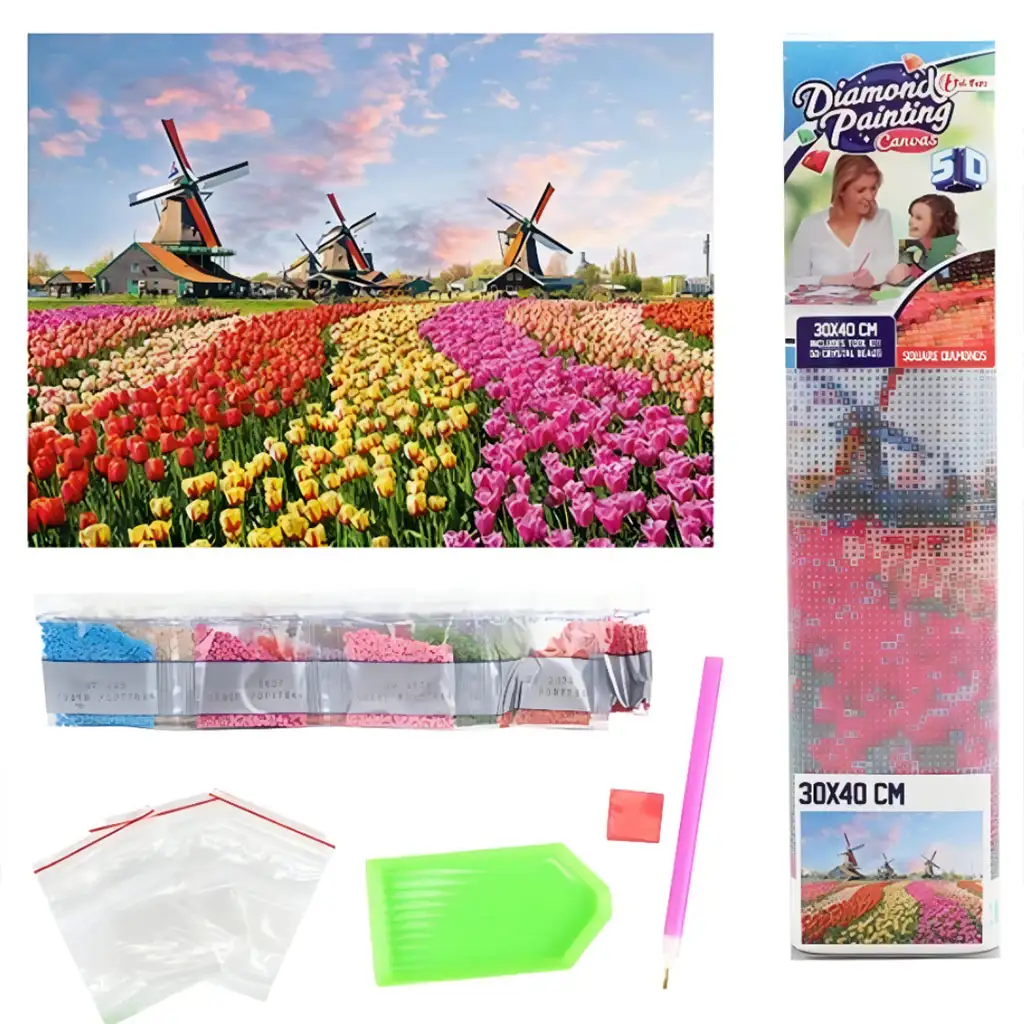 imagen de Rompecabezas de diamantes: Set de pintura de diamantes de campo de tulipanes holandeses 30x40cm 2