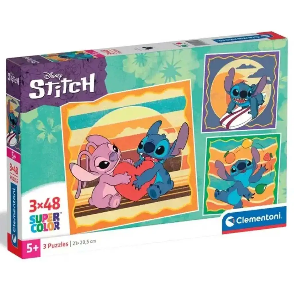 imagen de Rompecabezas Supercolor de Disney Stitch y Angel 3x48 piezas - Clementoni 1