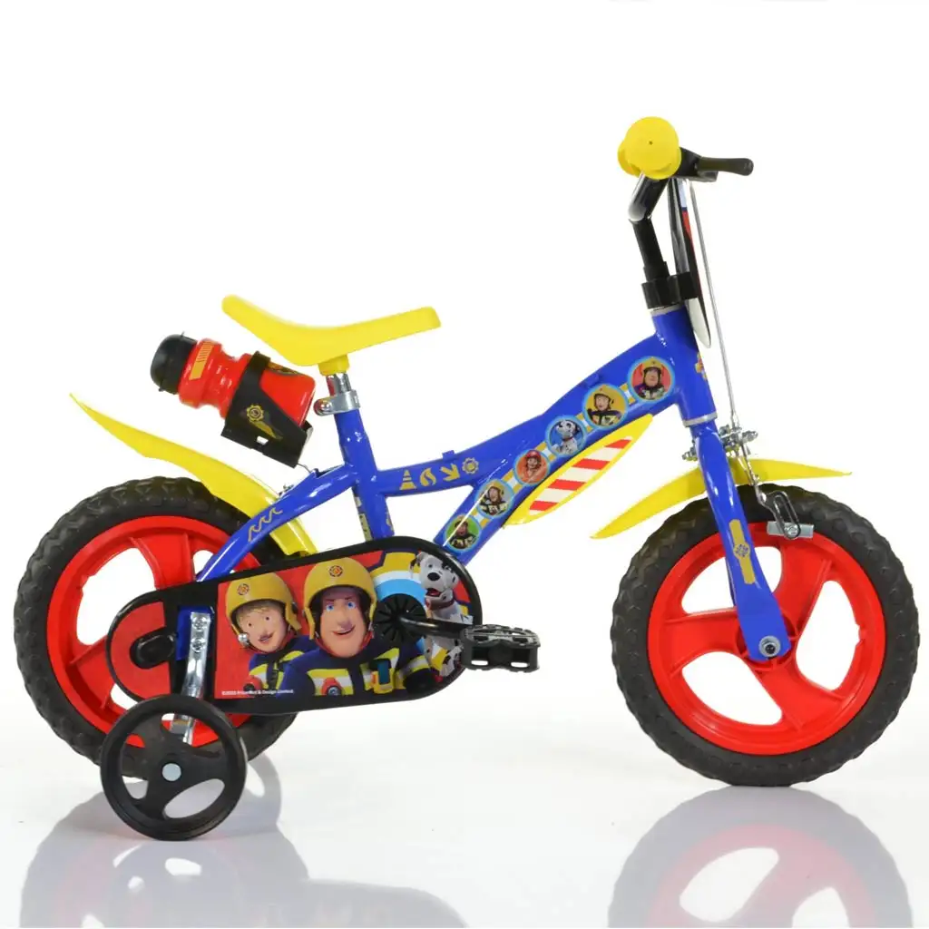 imagen de Sam, el bombero bicicleta infantil de 12” con portabotellas y ruedas laterales en color azul-amarillo – bicicleta Dino Bikes 1