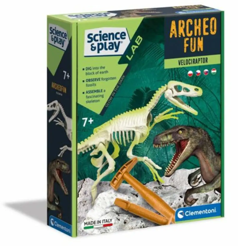 imagen de Science&Play: Archeofun Velociraptor iluminador set de arqueología - Clementoni 1