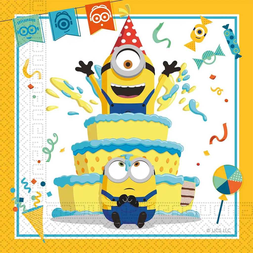 imagen de Servilleta de papel de cumpleaños de Minions – 2 capas, 33x33 cm, 20 unidades 1