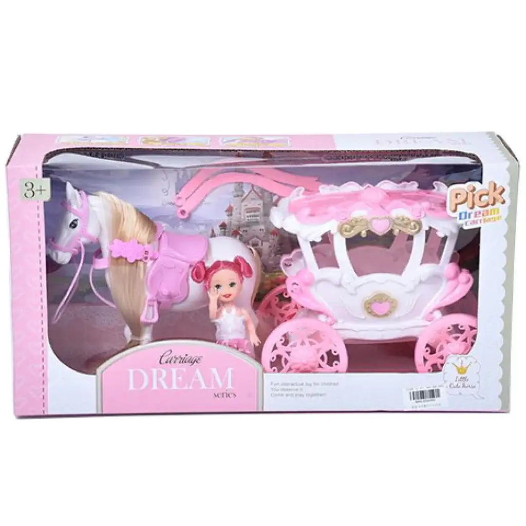 imagen de Set de carroza de ensueño con caballo y muñeca de 7,5 cm en color rosa-blanco 1