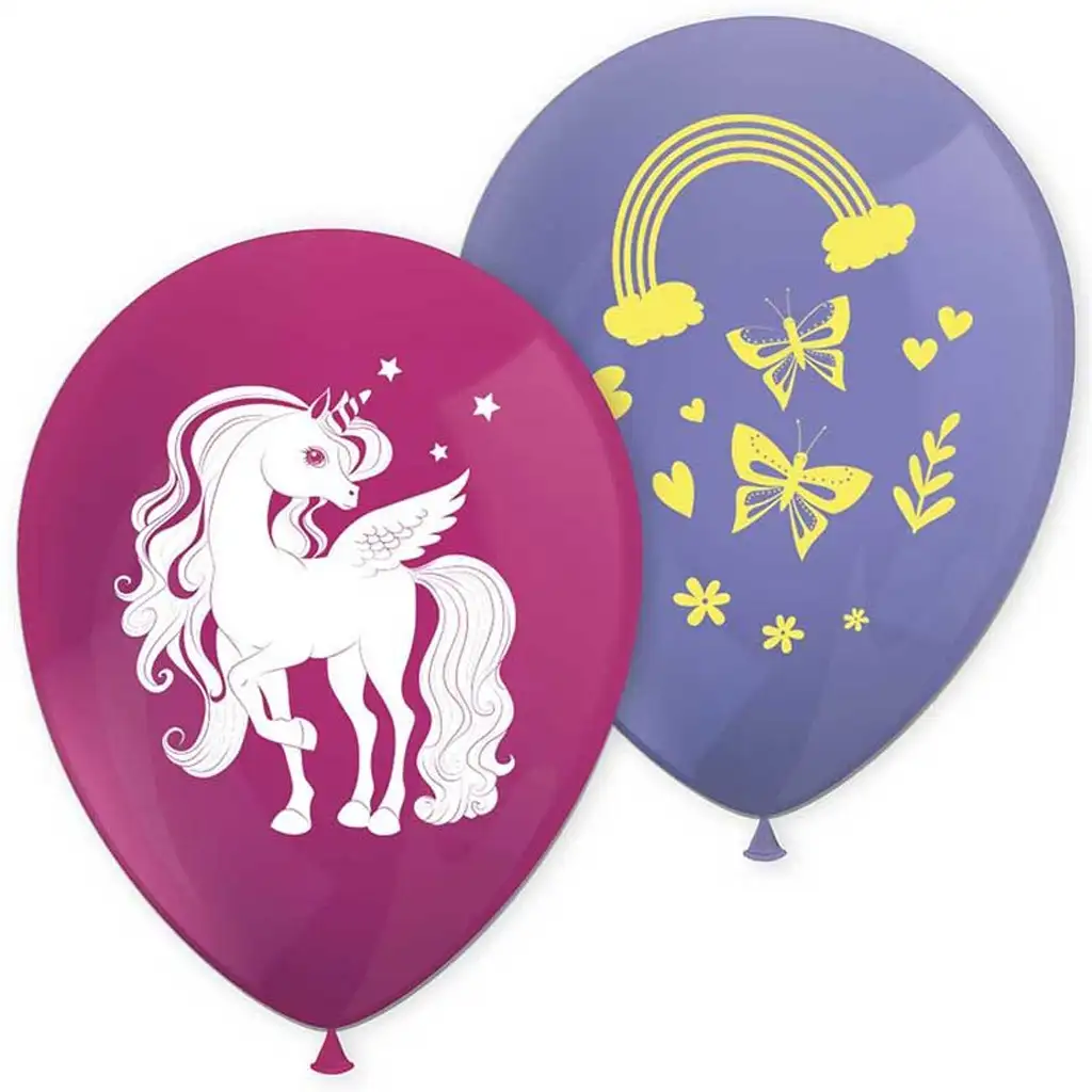 imagen de Set de globos morados y rosas con diseño de unicornio arcoíris de 8 piezas 1