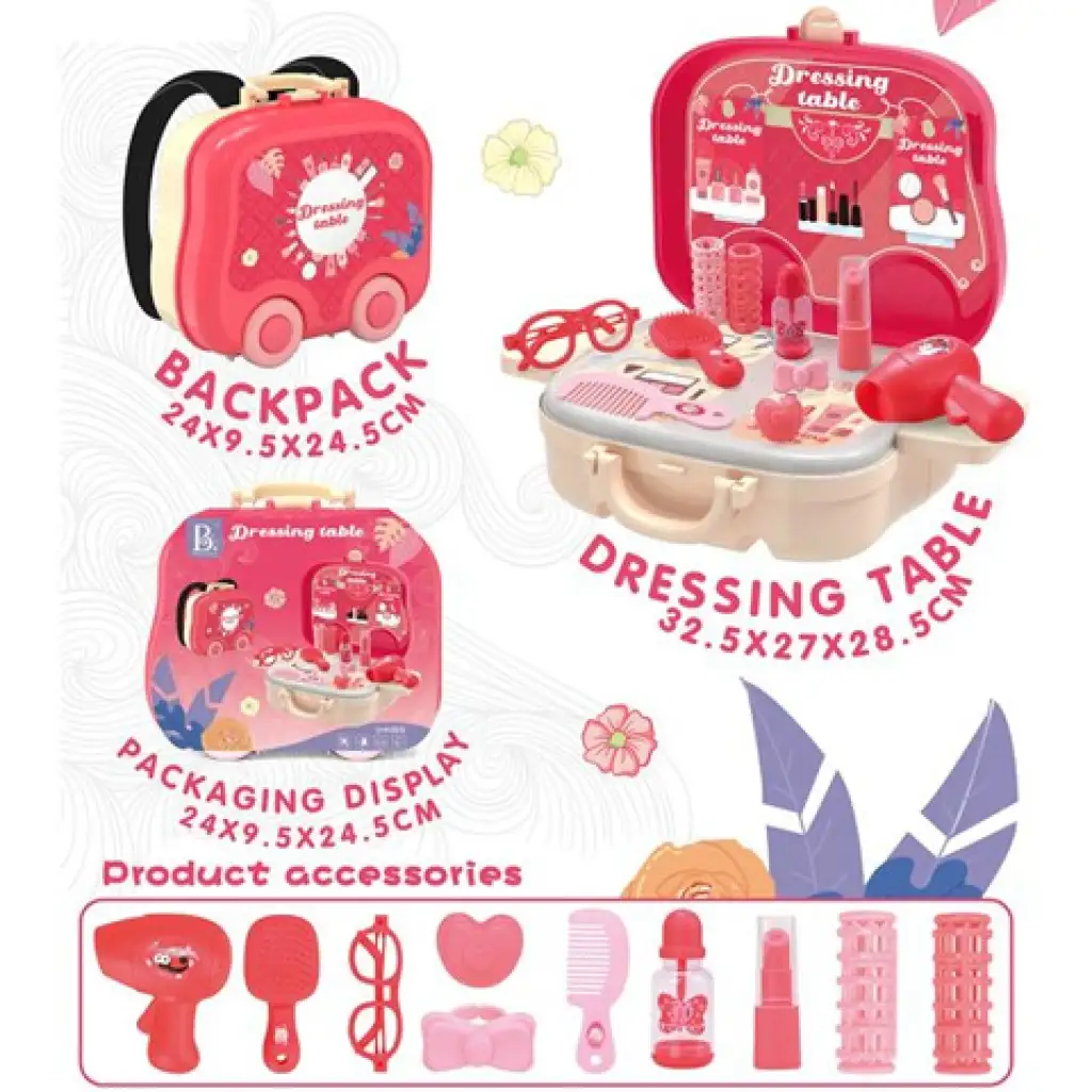 imagen de Set de peluquería 2 en 1 rosa en maletín con ruedas con accesorios 1