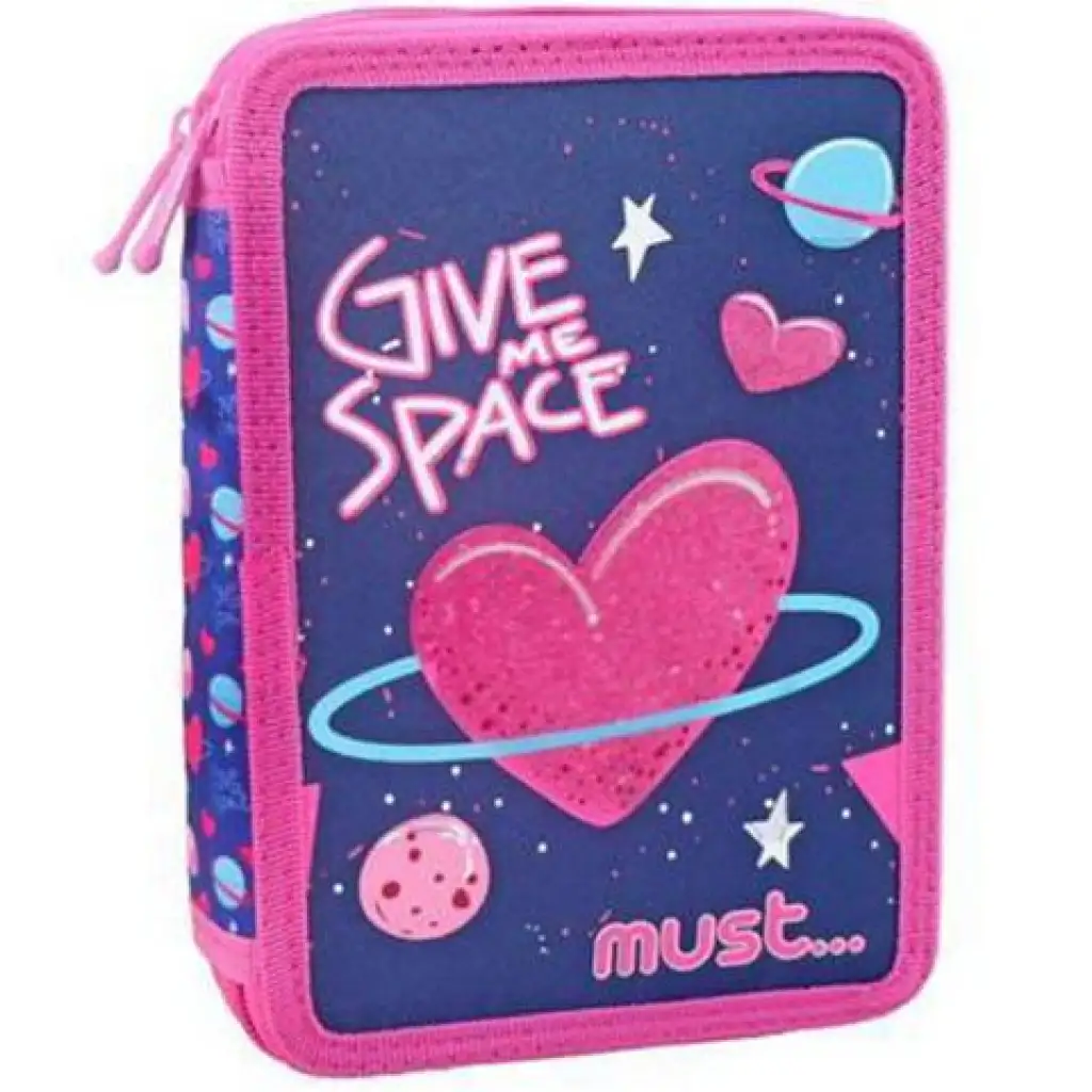 imagen de Space Heart: Estuche de lápices desplegable rosa y morado de dos niveles 15x21x5cm 1