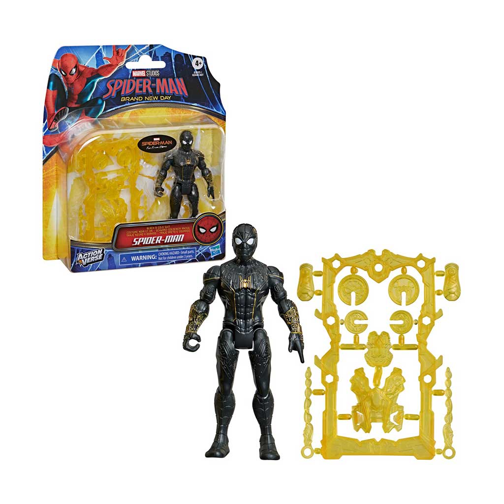 imagen de Spider-Man Nuevo Día: Figura de Spider-Man negra y dorada con accesorios de 11 cm – Hasbro 2