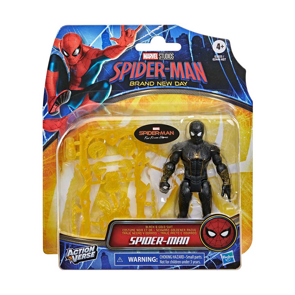 imagen de Spider-Man Nuevo Día: Figura de Spider-Man negra y dorada con accesorios de 11 cm – Hasbro 1