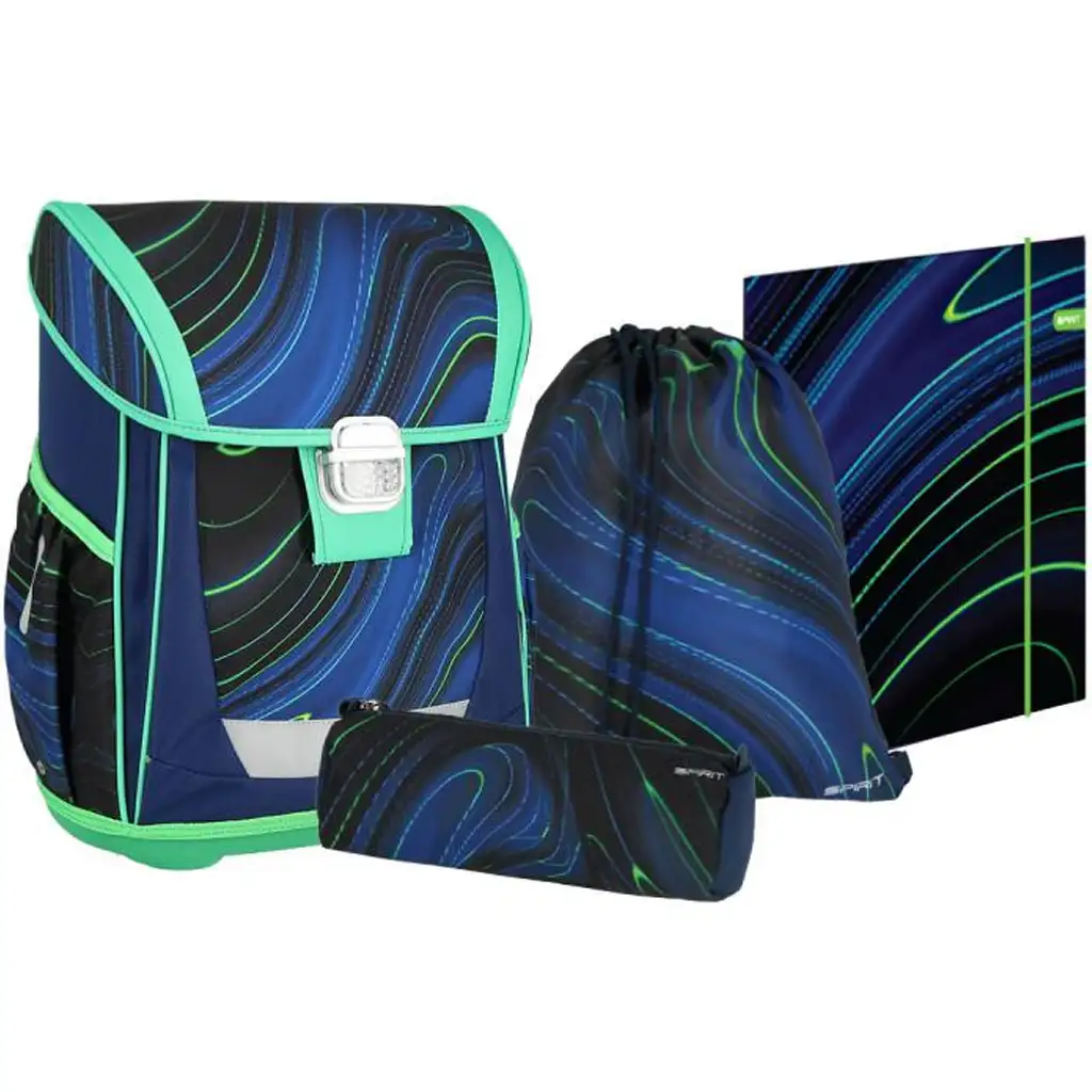 imagen de Spirit: Blue Stripes mochila azul-verde con rayas sobre fondo negro, set de 4 piezas 41x20x32cm 1
