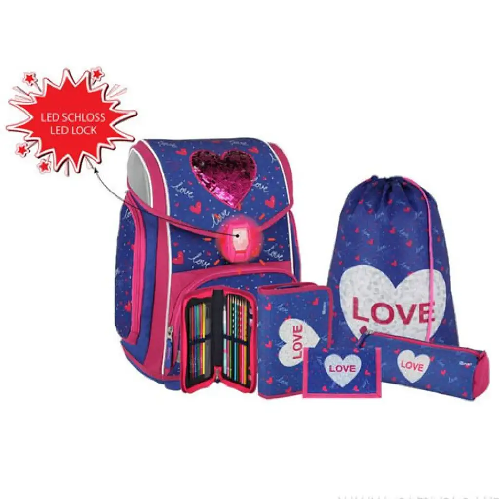 imagen de Spirit: Corazón amor set de mochila escolar de 5 piezas con accesorios y luz LED 1