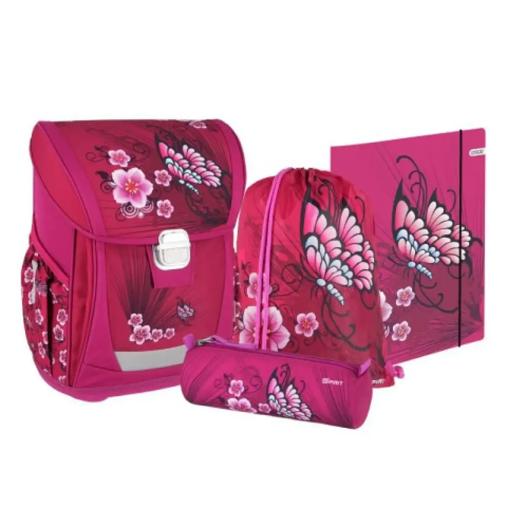 imagen de Spirit: Mariposa con flor set de mochila escolar ergonómica de 4 piezas 1