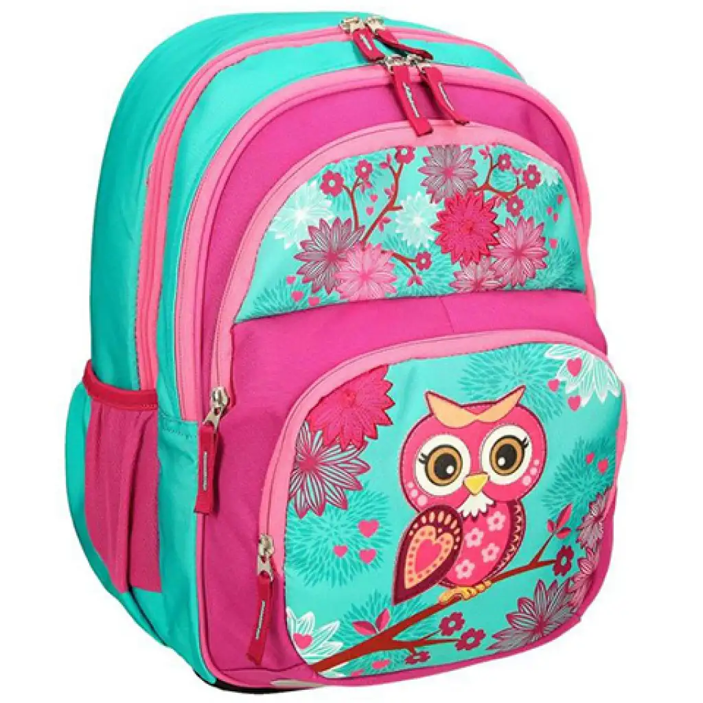 imagen de Spirit: Mochila ergonómica redondeada con diseño de búho en color rosa-turquesa, mochila 40x20x18cm 1
