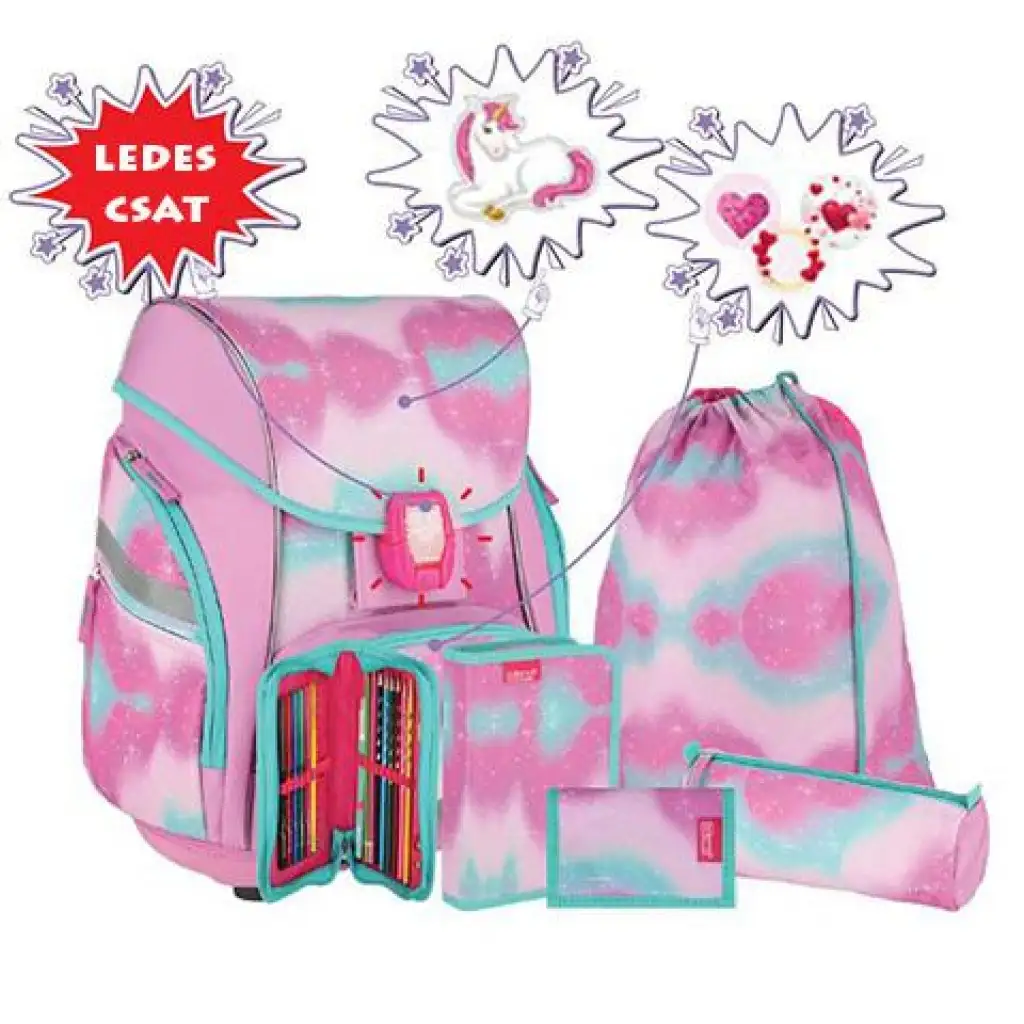 imagen de Spirit: Mochila escolar ergonómica de 5 piezas con diseño 3D de unicornio y luz LED 34x22x41cm 1