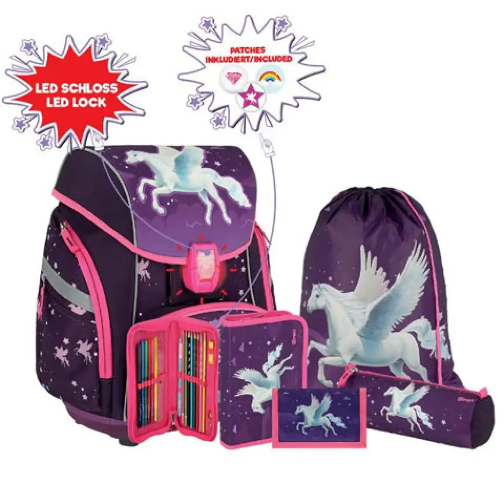imagen de Spirit: Pegasus púrpura set de mochila escolar de 5 piezas con accesorios y luz LED 1