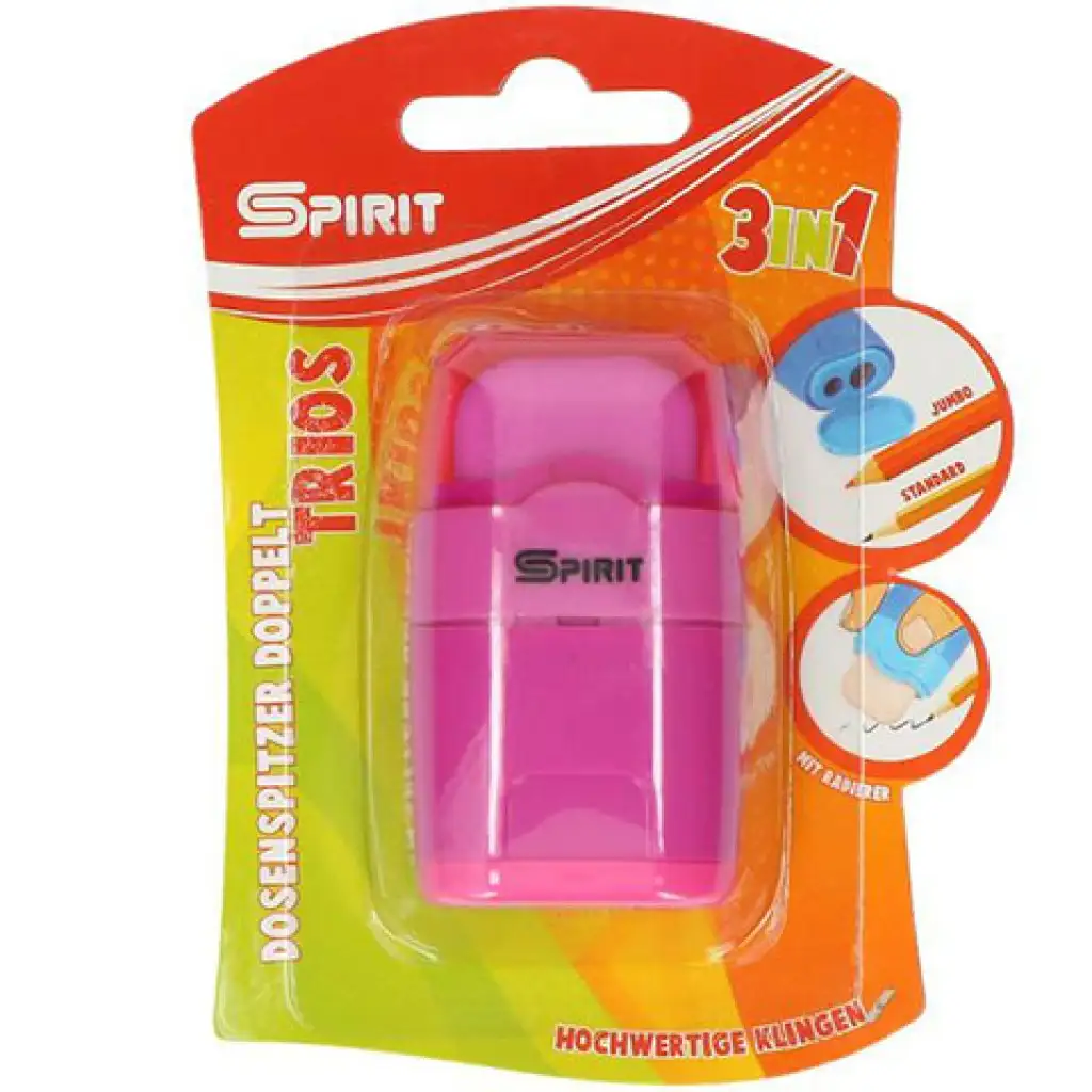 imagen de Spirit: Sacapuntas y goma de borrar 3 en 1 con dos agujeros en varios colores paquete de 1 unidad 2