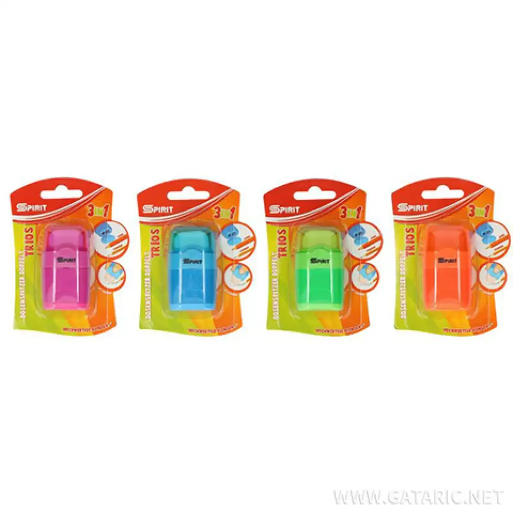 imagen de Spirit: Sacapuntas y goma de borrar 3 en 1 con dos agujeros en varios colores paquete de 1 unidad 1