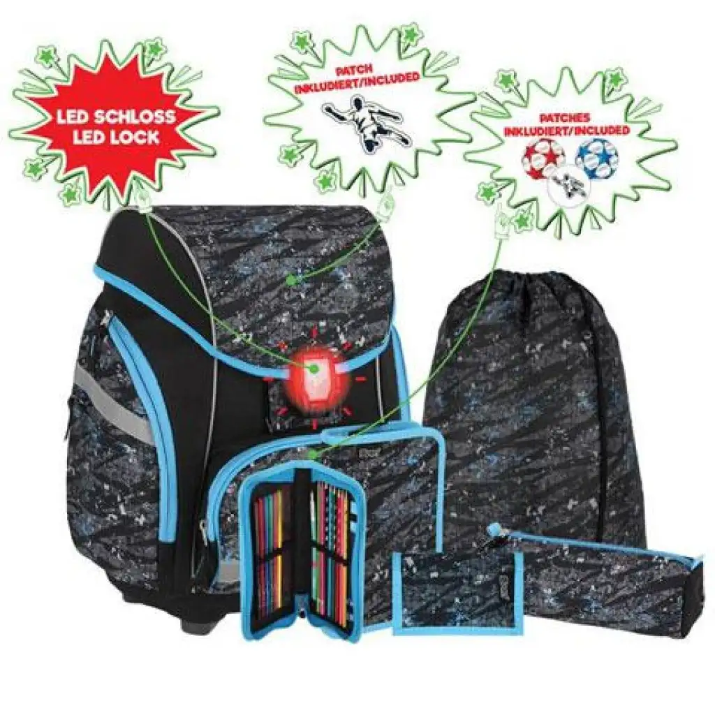 imagen de Spirit: Set de mochila escolar ergonómica de 5 piezas con diseño de fútbol 3D y luz LED 34x22x41cm 1
