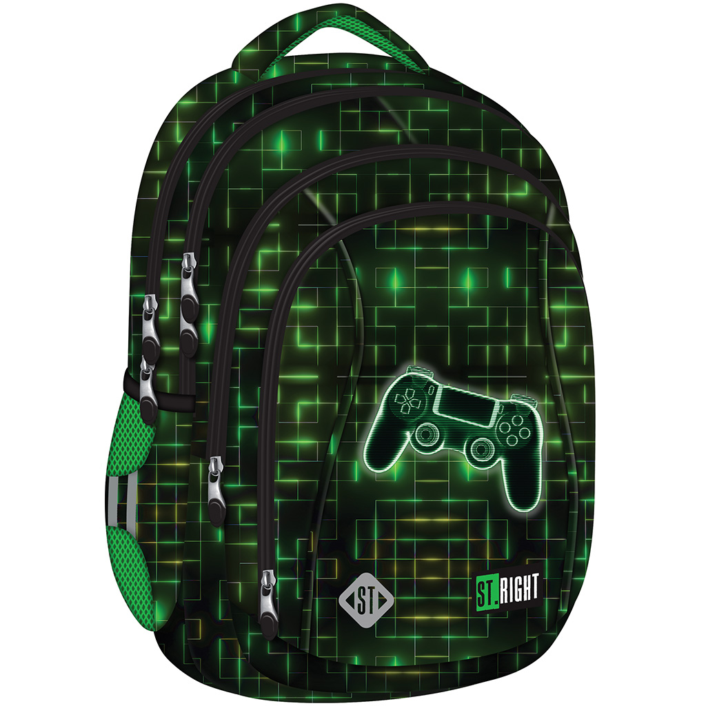 imagen de St.Right Mochila escolar con diseño de controlador verde-negro, mochila BP04 43x32x20cm 1