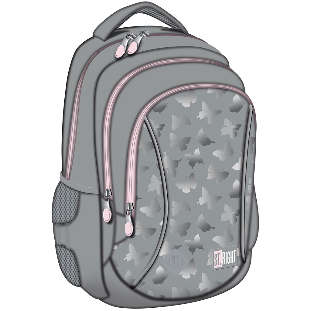 imagen de St.Right Mochila escolar gris con mariposas de tres compartimentos BP26 39x27x17cm 1