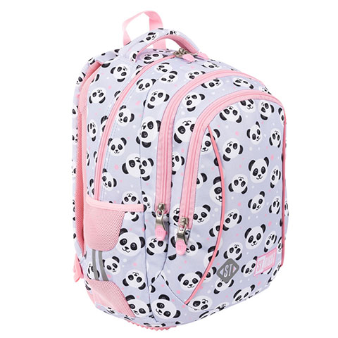 imagen de St.Right Panda Gris mochila escolar de tres compartimentos con diseño de panda en rosa y gris 39x27x17cm 2