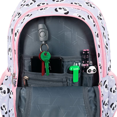 imagen de St.Right Panda Gris mochila escolar de tres compartimentos con diseño de panda en rosa y gris 39x27x17cm 4