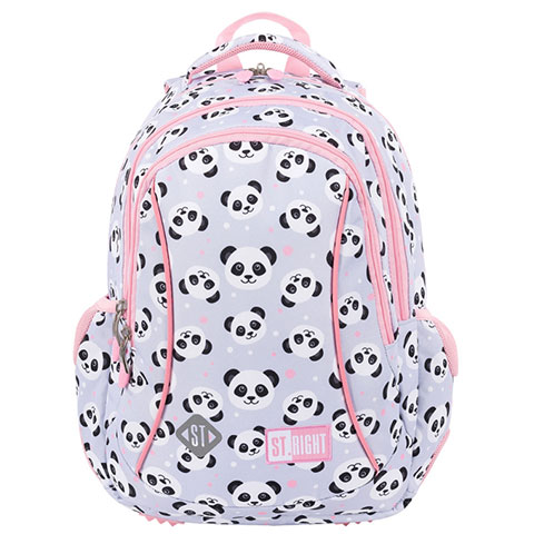 imagen de St.Right Panda Gris mochila escolar de tres compartimentos con diseño de panda en rosa y gris 39x27x17cm 1