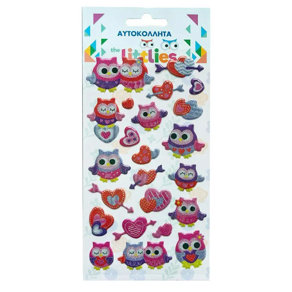 imagen de The Littlies: Set de pegatinas 3D de búhos brillantes en hoja de 10x22 cm 1