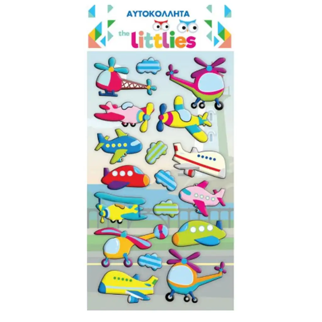 imagen de The Littlies: Set de pegatinas 3D de puf voladores y helicópteros en hoja de 10x22cm 1