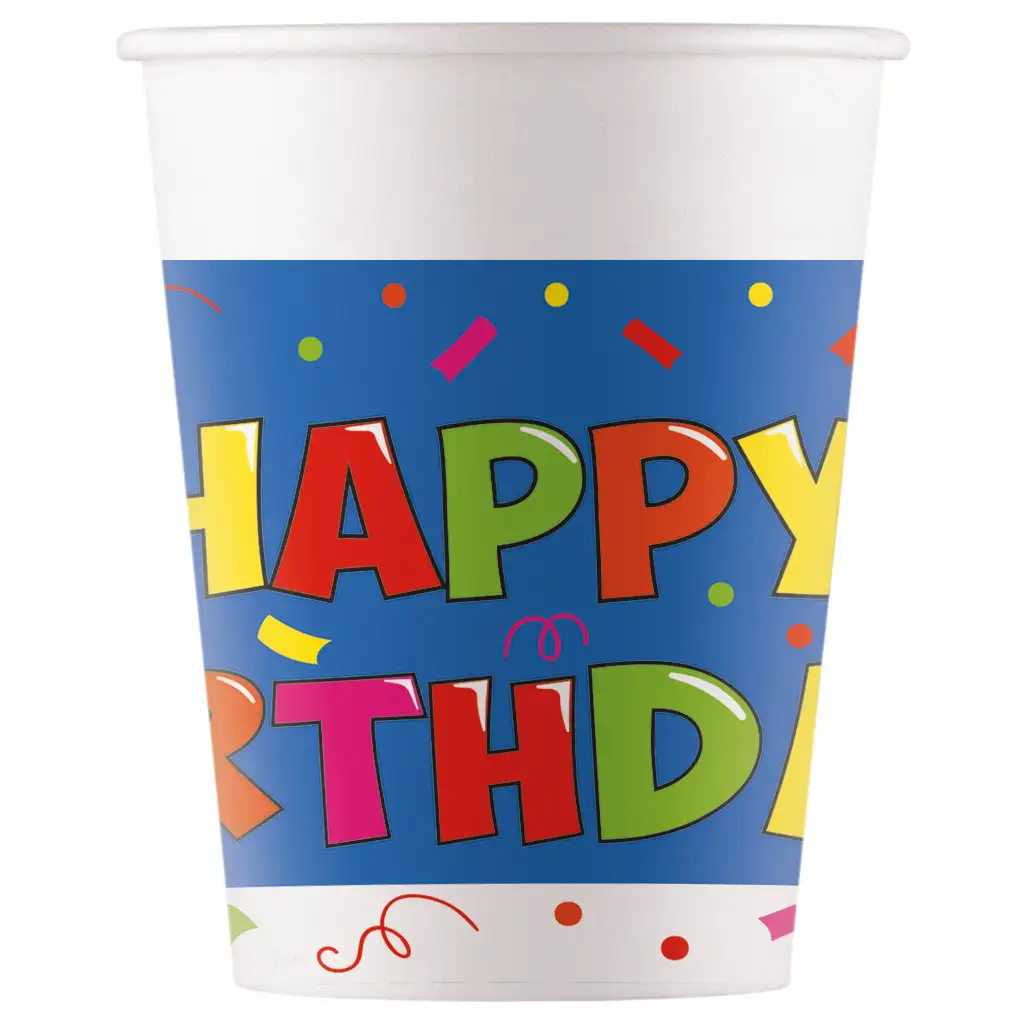 imagen de Vaso de papel de cumpleaños "Happy Birthday" de base azul y blanca, set de 8 unidades de 200 ml 1