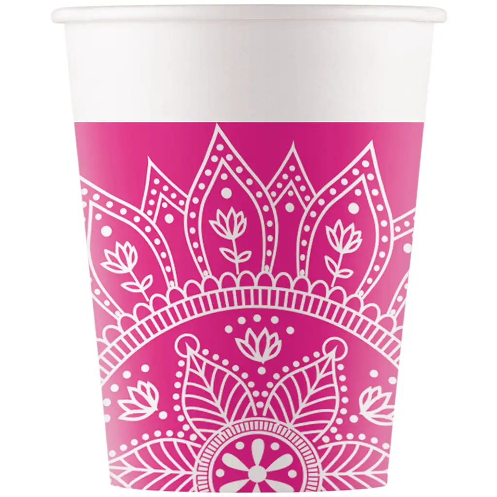 imagen de Vaso de papel mandala fucsia-blanco set de 8 piezas 200ml 1